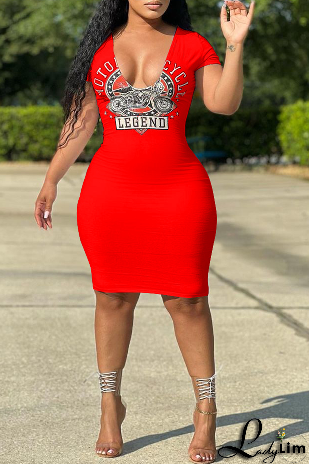 Tangerine Red Fashion Print Patchwork V Neck Pencil Skirt Dresses