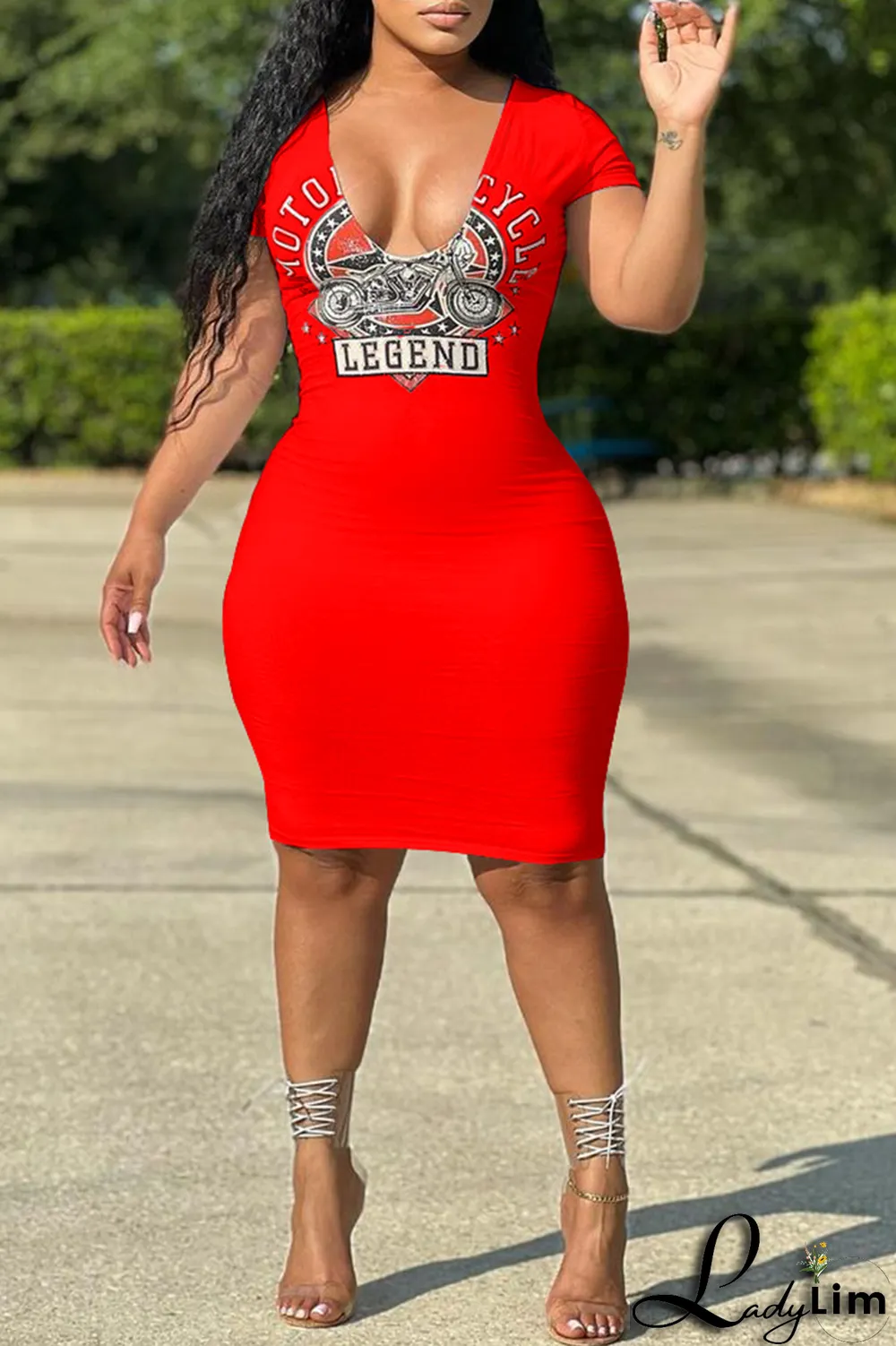 Tangerine Red Fashion Print Patchwork V Neck Pencil Skirt Dresses
