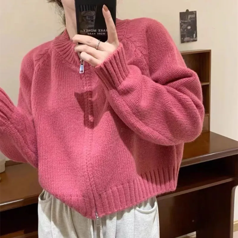 Churchf Churchf Short Round Collar Zipper Candy Color Knit Cardigan Female Autumn Winter New Show Thin Versatile Sweater Coat