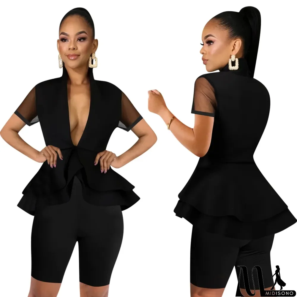 MidiSono - Sexy V-Neck Peplum Top and Shorts Set