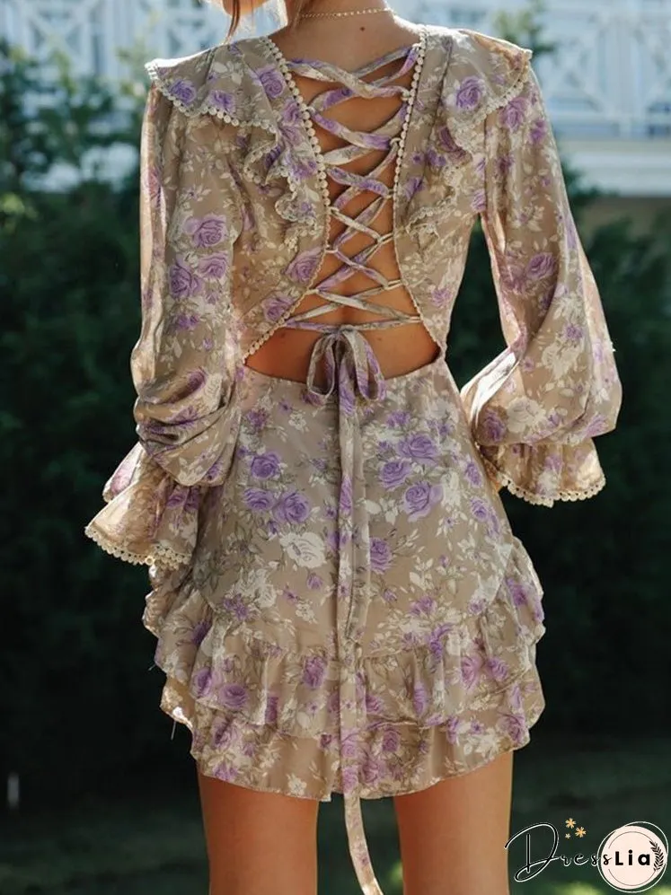 Dresses Printed V-Neck Long-Sleeve Open-Back Lace-Up Dress for Women
