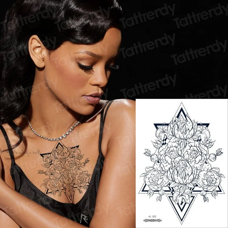 Waterproof Temporary Sticker Geometric dragonfly Sternum Tattoo Black Triangle Tattoos Body Arm Fake Tatoo Chains Sternal patch