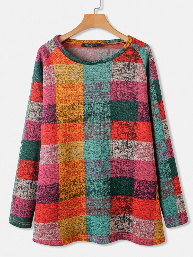 Multi-color Plaid Print Sweatshirt Long Sleeve Vintage Knit Sweater