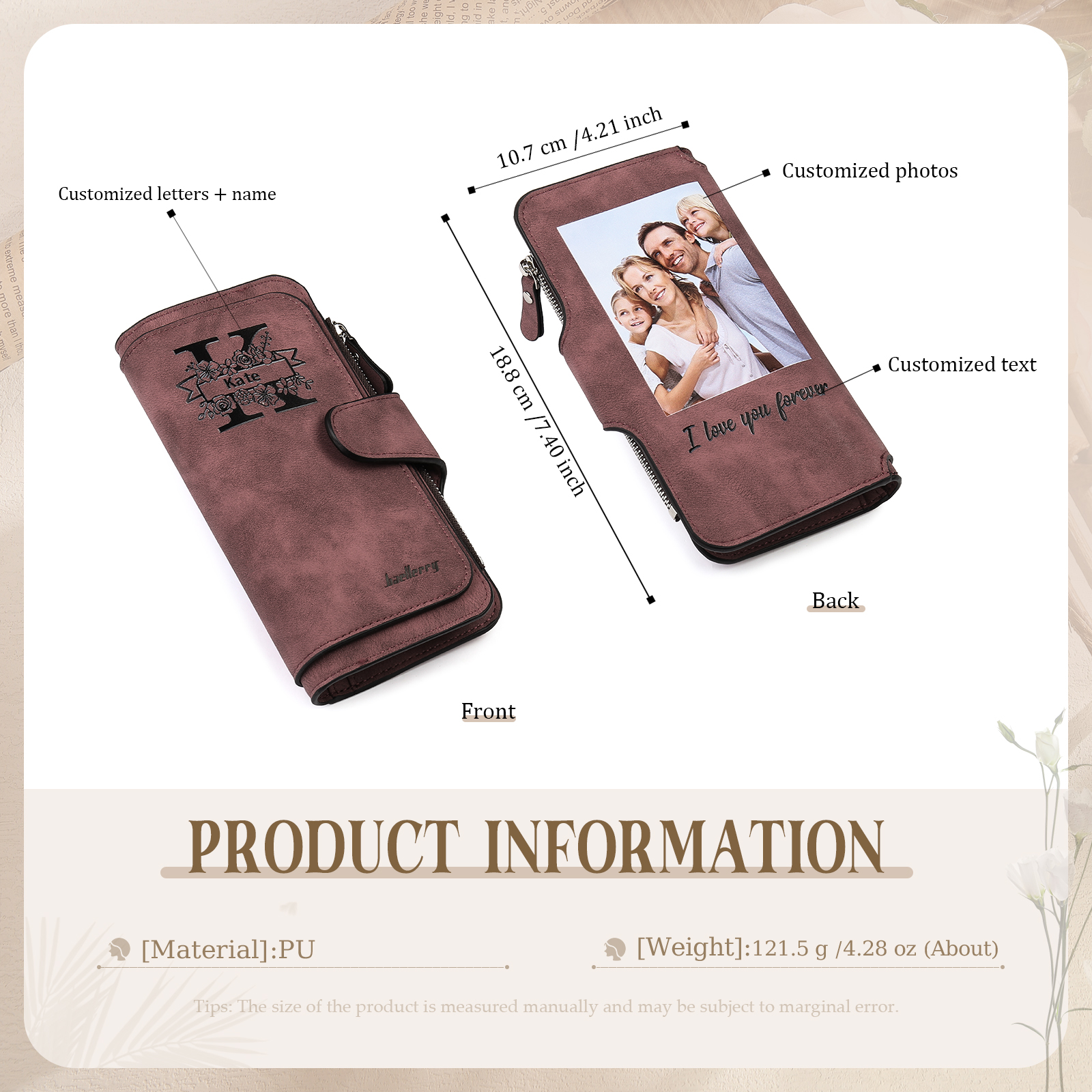 Portafoglio in PU pelle con 1 letetra & 1 testo & 1 nome & 1 foto personalizzati per mamma/nonna