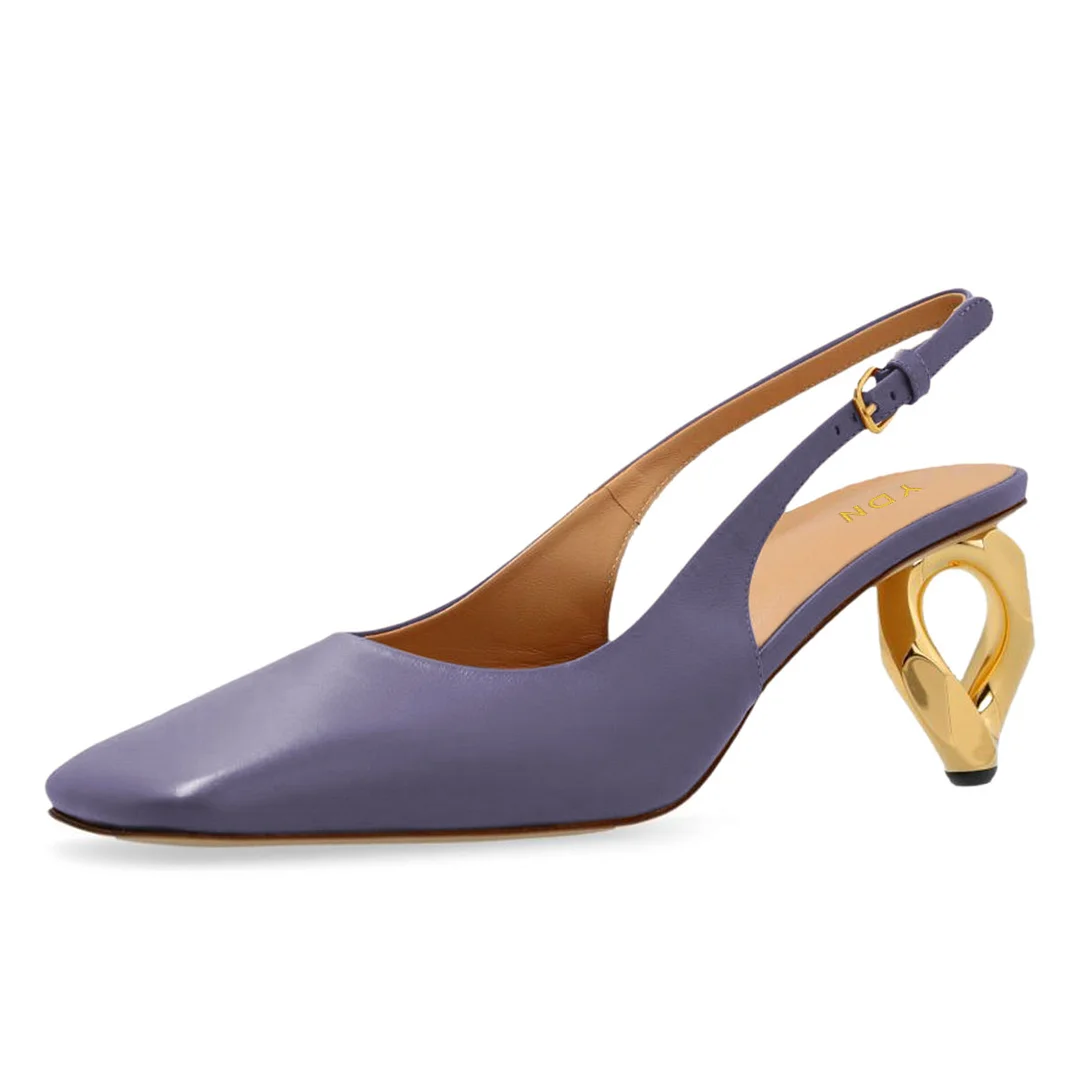 Purple Vegan Leather Square Toe Buckle Strap Slingback Heels