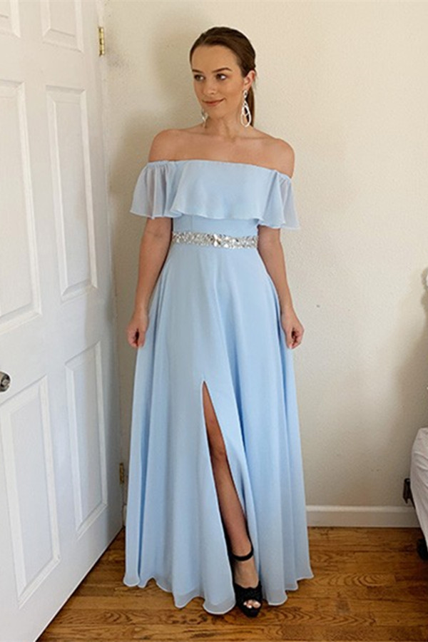 Dresseswow Off-the-Shoulder Sky Blue Chiffon Prom Dress With Split Crystal