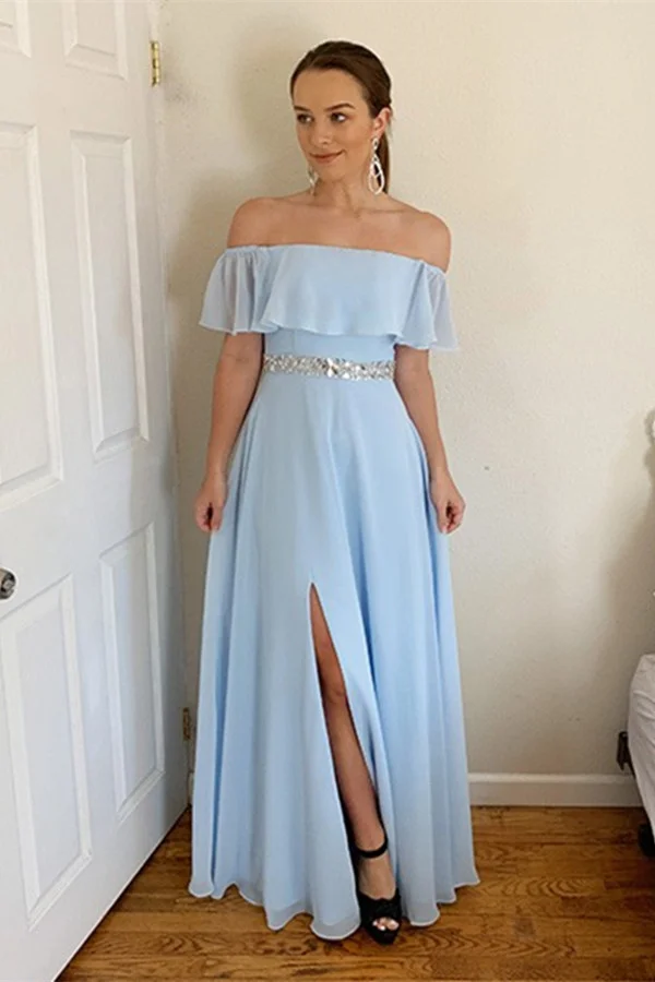 Luluslly Off-the-Shoulder Sky Blue Chiffon Prom Dress With Split Crystal