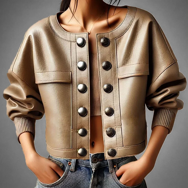 Crew Neck Double Row Button Long Sleeve PU Leather Jacket