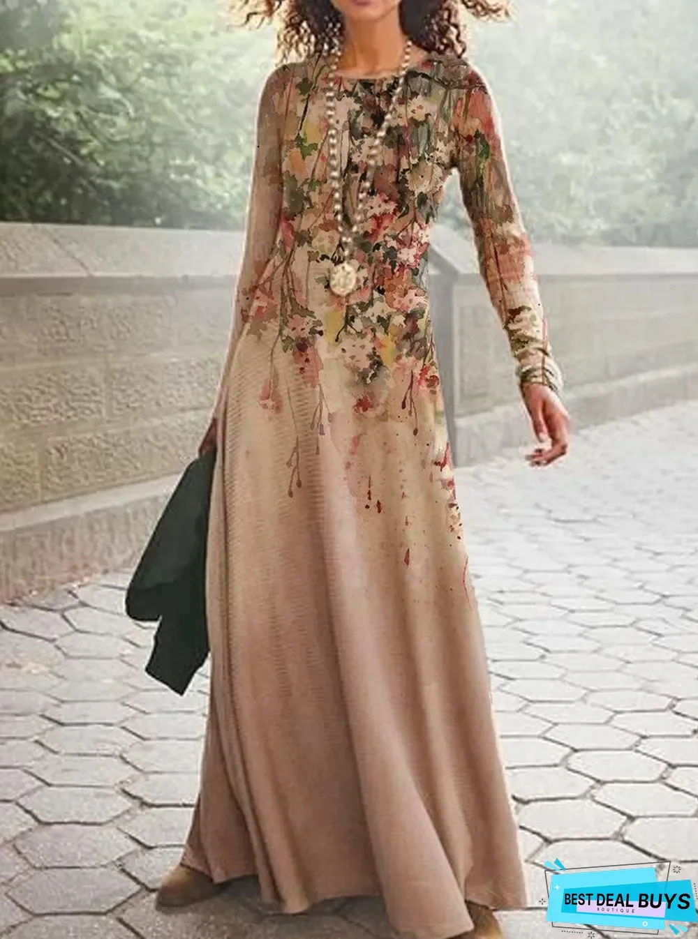 Vintage Floral Print Casual Long-Sleeved Maxi Dress