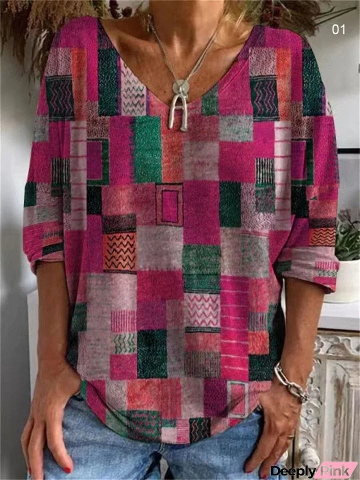 Spring Autumn Extra Loose Geometric Pattern V Neck Women Tops