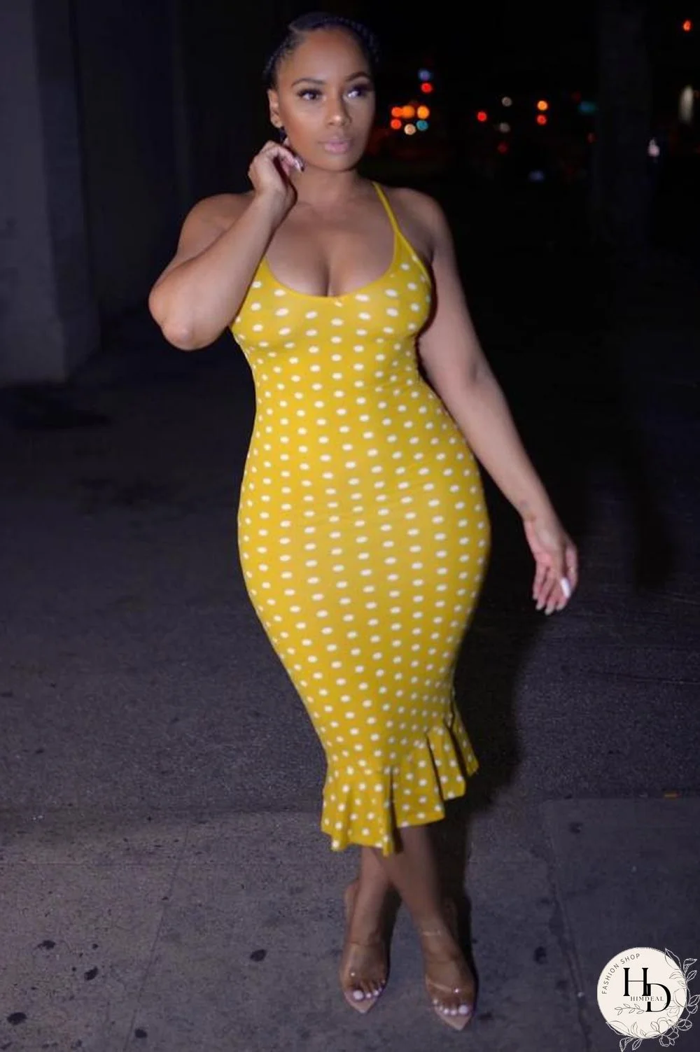 Red Polyester Sexy Fashion Spaghetti Strap Sleeveless Slip Step Skirt Knee-Length Print ruffle Patchwork