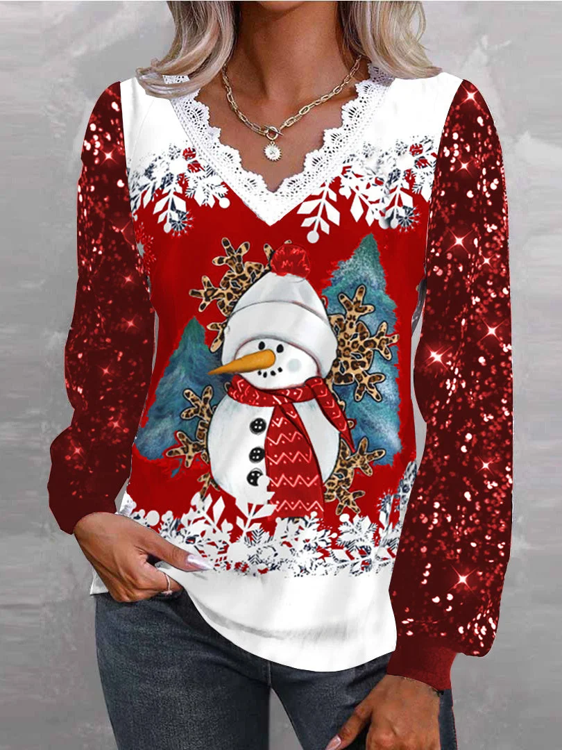 Women Long Sleeve V-neck Snowman Printed Lace Sequins Christmas Tops