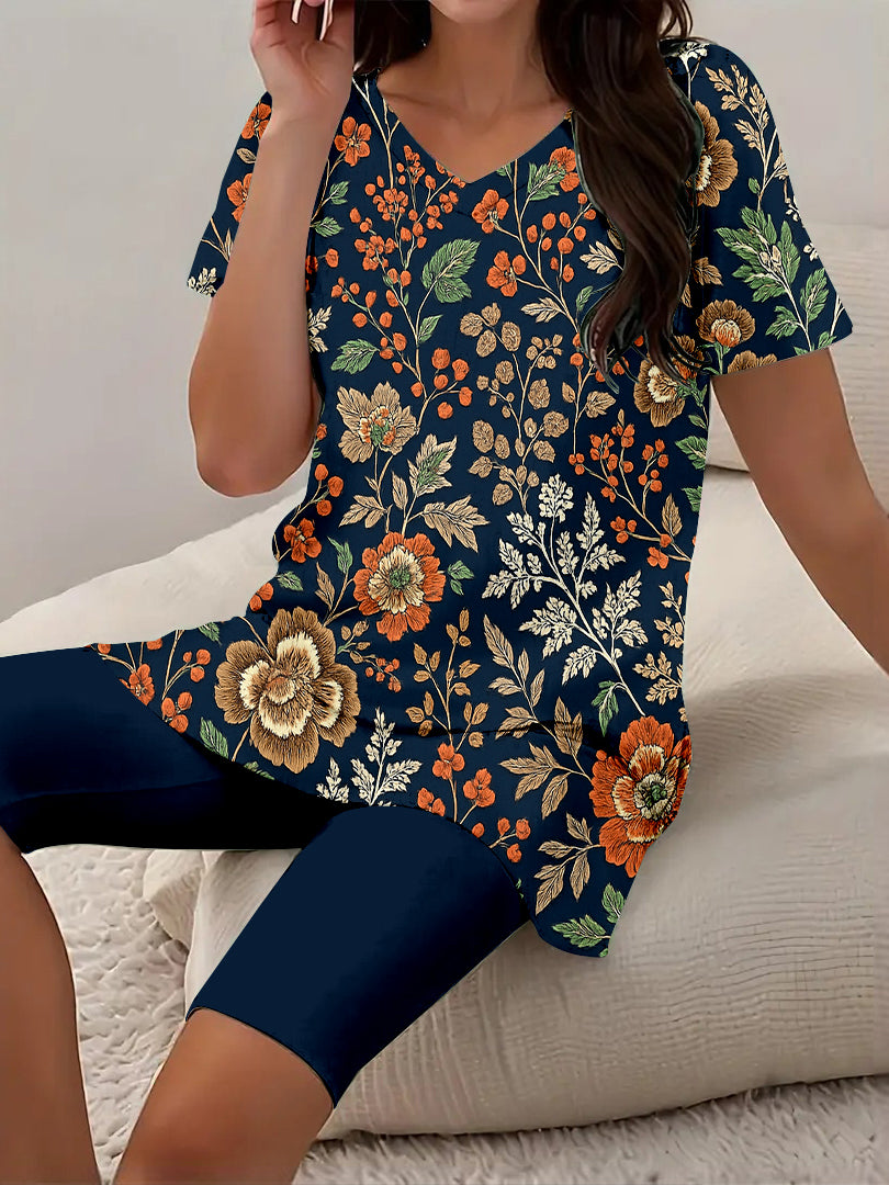 Women Long Sleeve V-neck Graphic Floral Printed Top