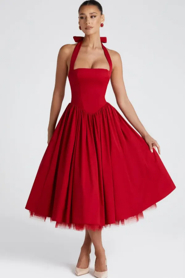 Red Ankle Length Halter Lovely Prom Dress | Lulustina