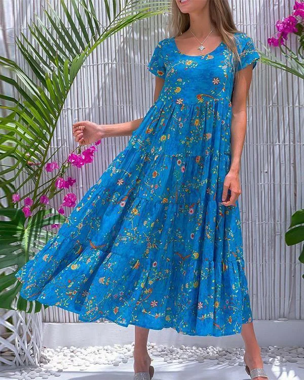 casual floral tunic round neckline a line dress p94409