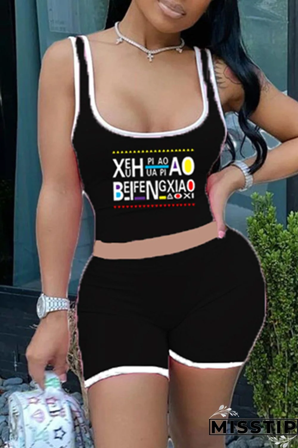 Black Casual Sportswear Letter Print Basic U Neck Sleeveless Two Pieces