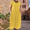 Robe trapèze ample en coton et lin de grande taille de couleur unie