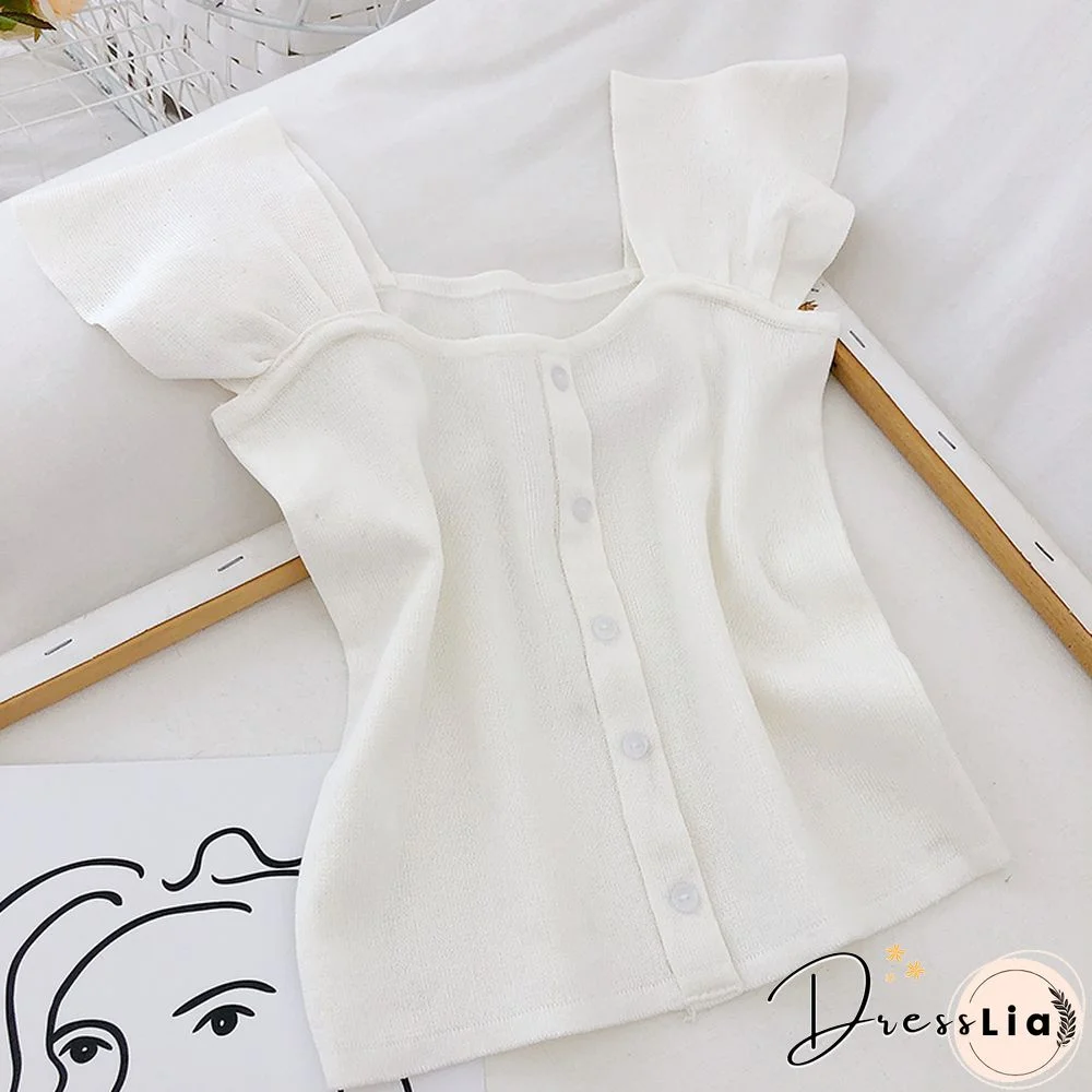 Pearl Diary Knitted Tops Women Summer Buttoned Crop Top Lady Топ Женский Ruffle Sleeve Tops Square Neck Tops Women New