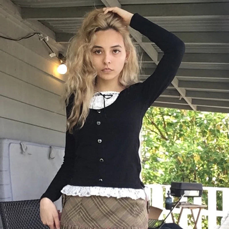 Rapcopter Y2K Frill Crop Top Bow Full Sleeve T Shirt Kawaii Black Button Pullovers Autumn Retro Harajuku Chic Tee Women Sweet