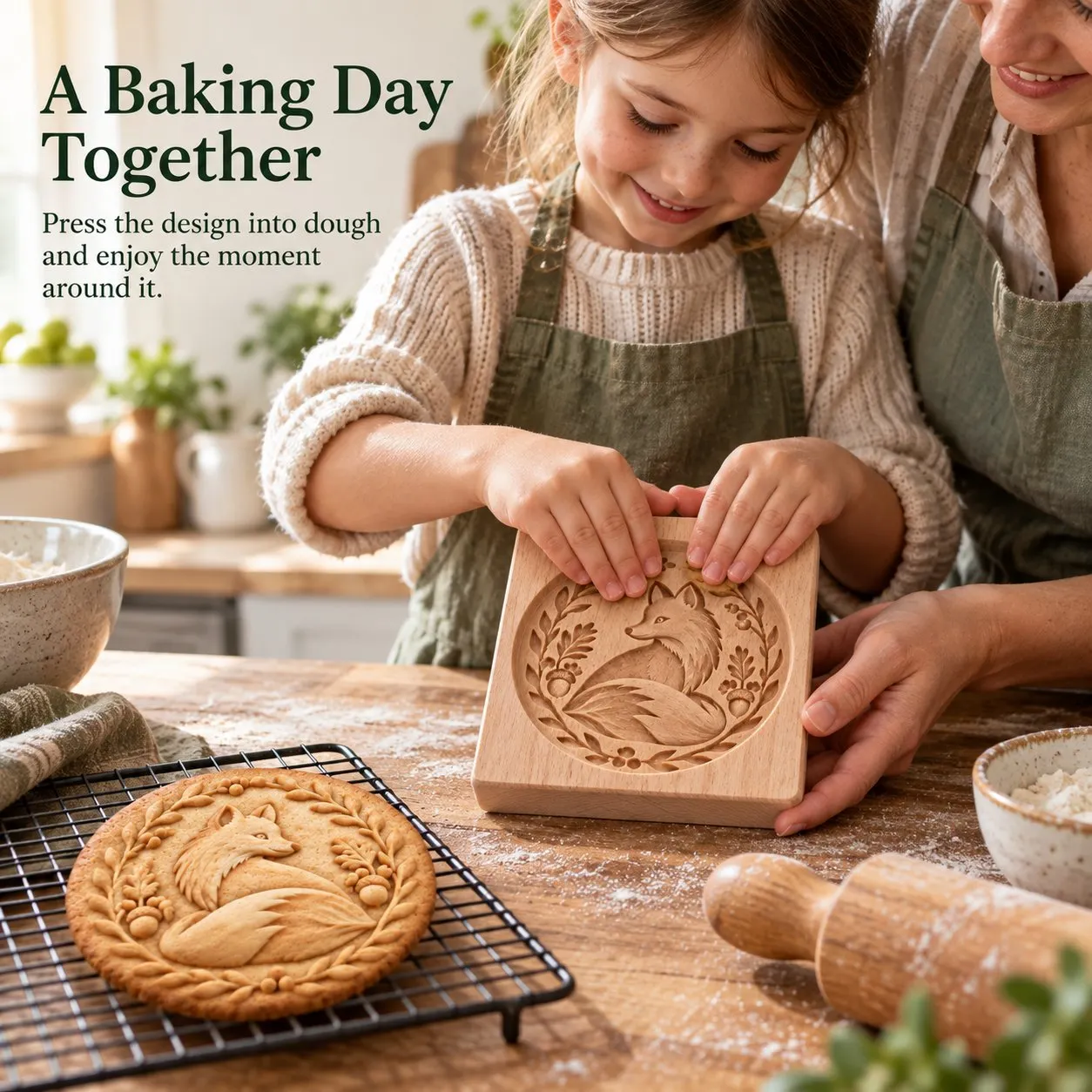 Parent and child making embossed fox cookies together in a kitchen