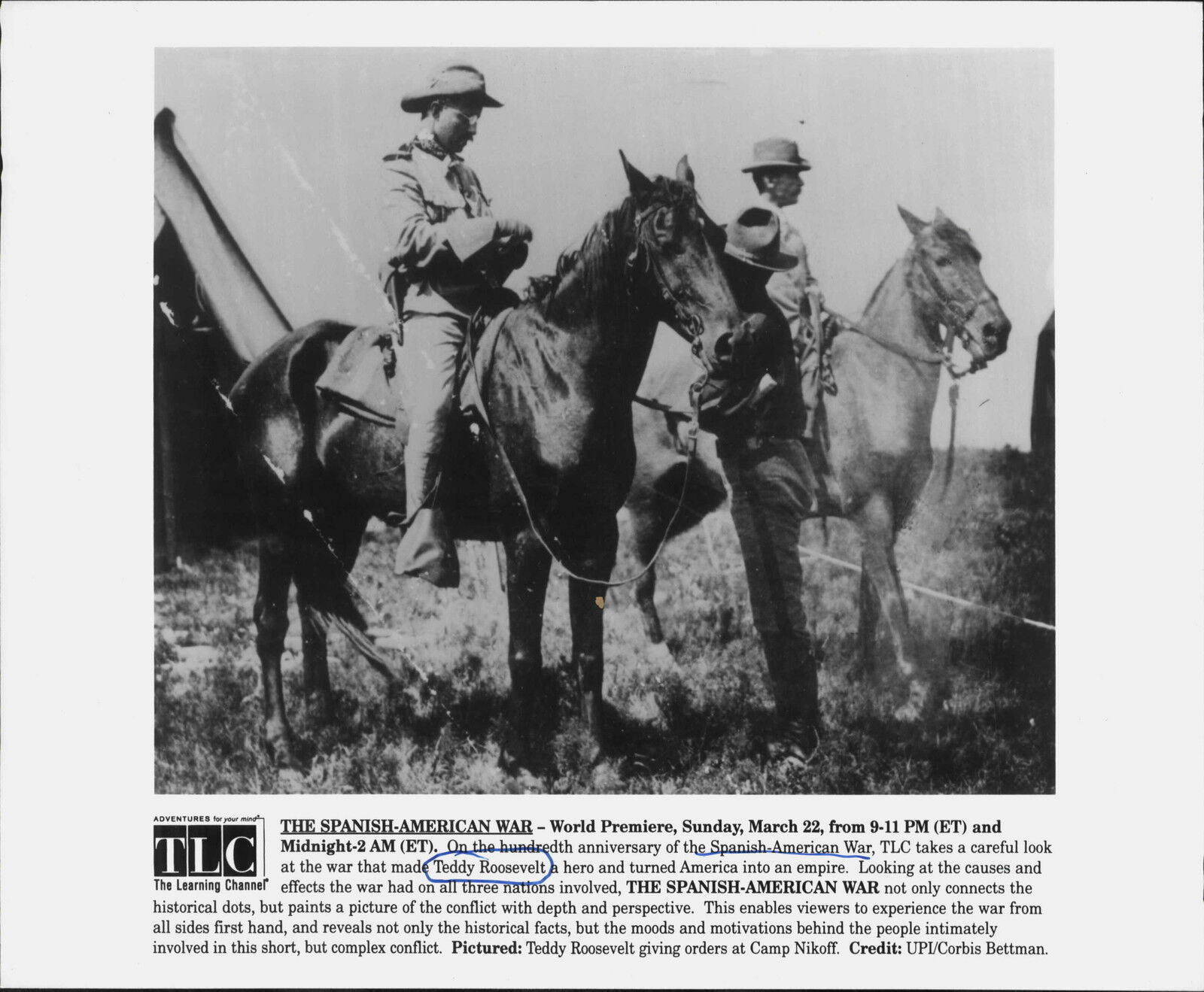 TLC Theodore Roosevelt on Horseback Spanish American War Press Photo Poster painting