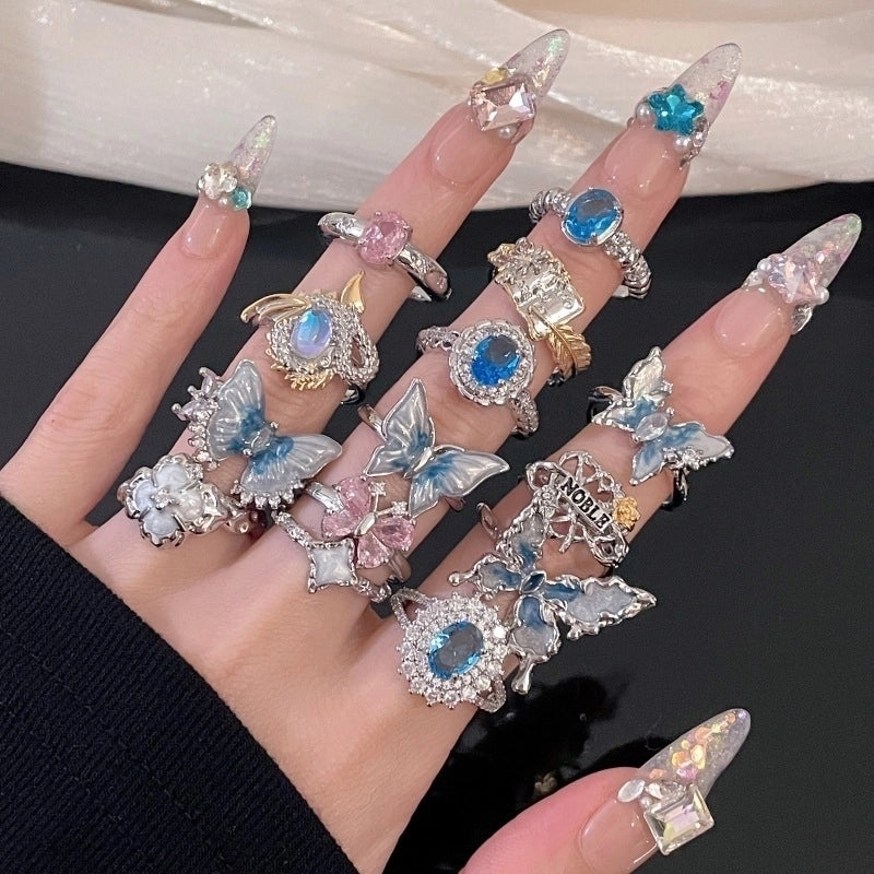 Copper Enamel Oval Butterfly Zircon Open Rings