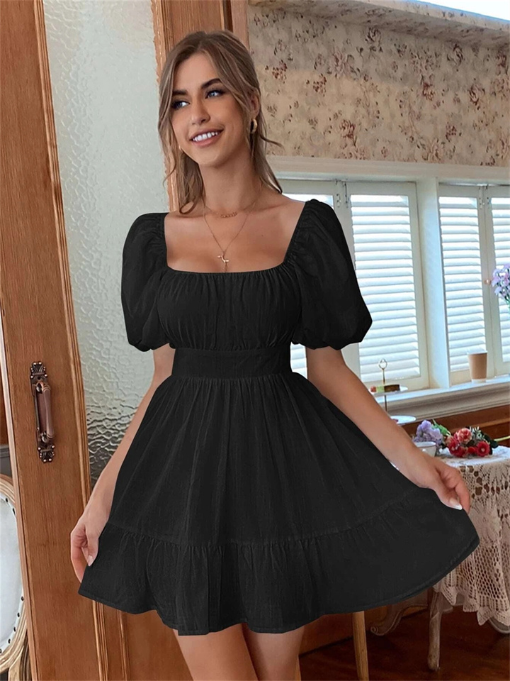 Solid Color Women's Summer New High Waist Square Neck Bow Sweet Temperament Commuter Backless Dress Long Dress