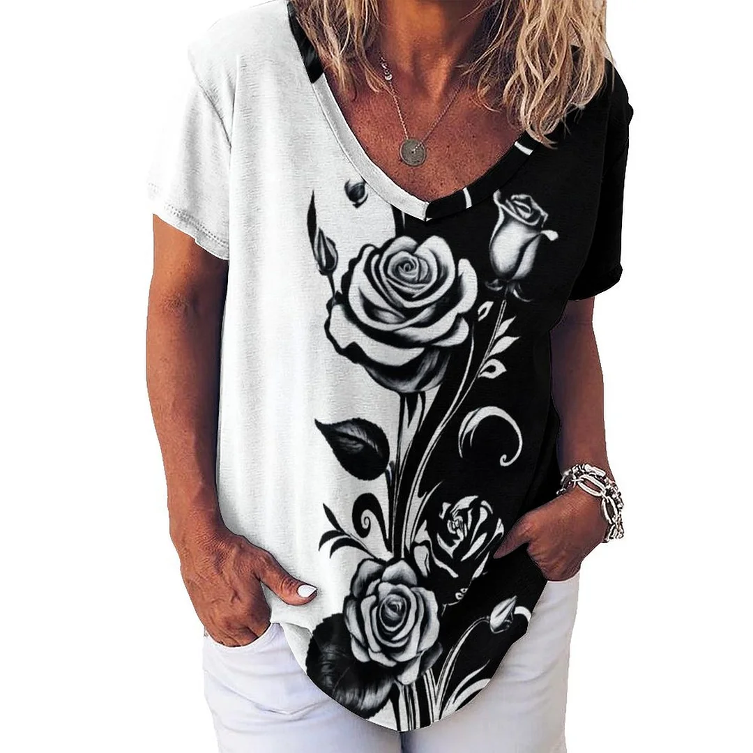 V-neck Short Sleeve Casual T-shirt for  Women Printed with Pattern Rose, White, Black