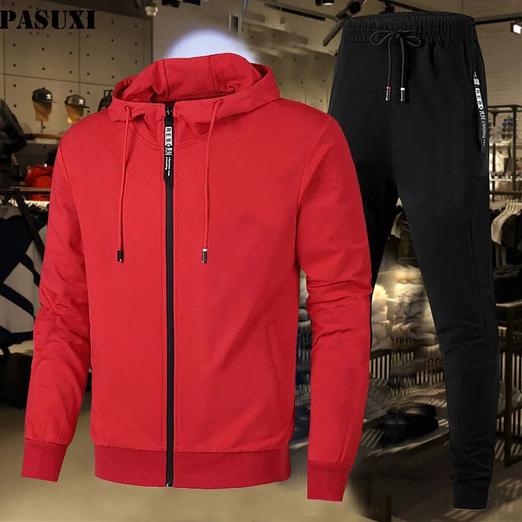 PASUXI Men's Hooded Tracksuit - Long Sleeve Full-Zip Sweatsuit for Athletic Performance huanwei