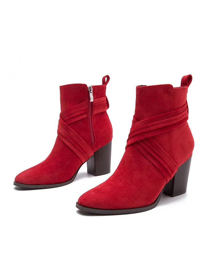 Faux suede riss strap block heels ankle boots for women Side zipper slip on booties Radinnoo.com