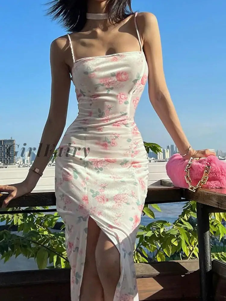 Girlfairy Lace Up Floral Print Velvet Band Midi Dress Side Slit Bodycon Sexy Vintage Party Elegant