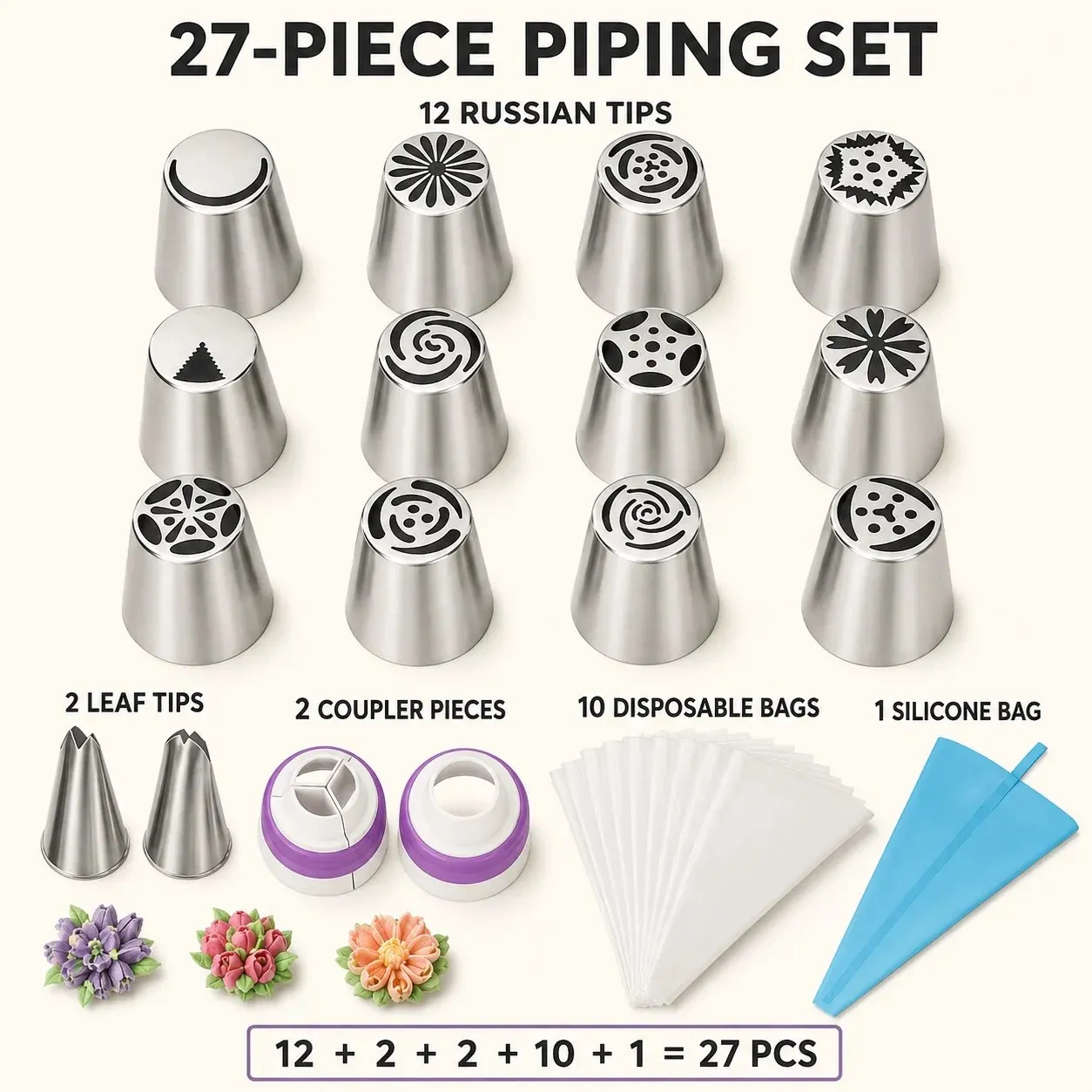 27 piece piping kit contents with Russian tips leaf tips coupler bags and silicone bag