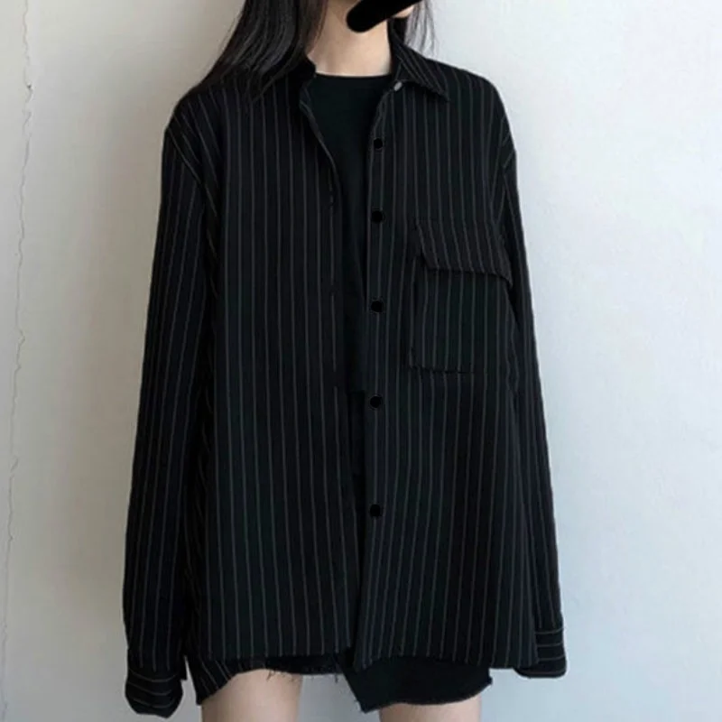 Churchf Black Blouse Vintage Shirts Women Button Up Long Sleeve Shirt Autumn Korean Style Fashion BF Loose Stripe Print Tops