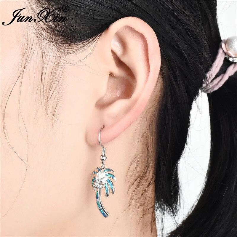 JUNXIN Boho Female Blue Fire Opal Earrings Fashion Silver Color Dangle Earrings Vintage Tree Earrings For Women