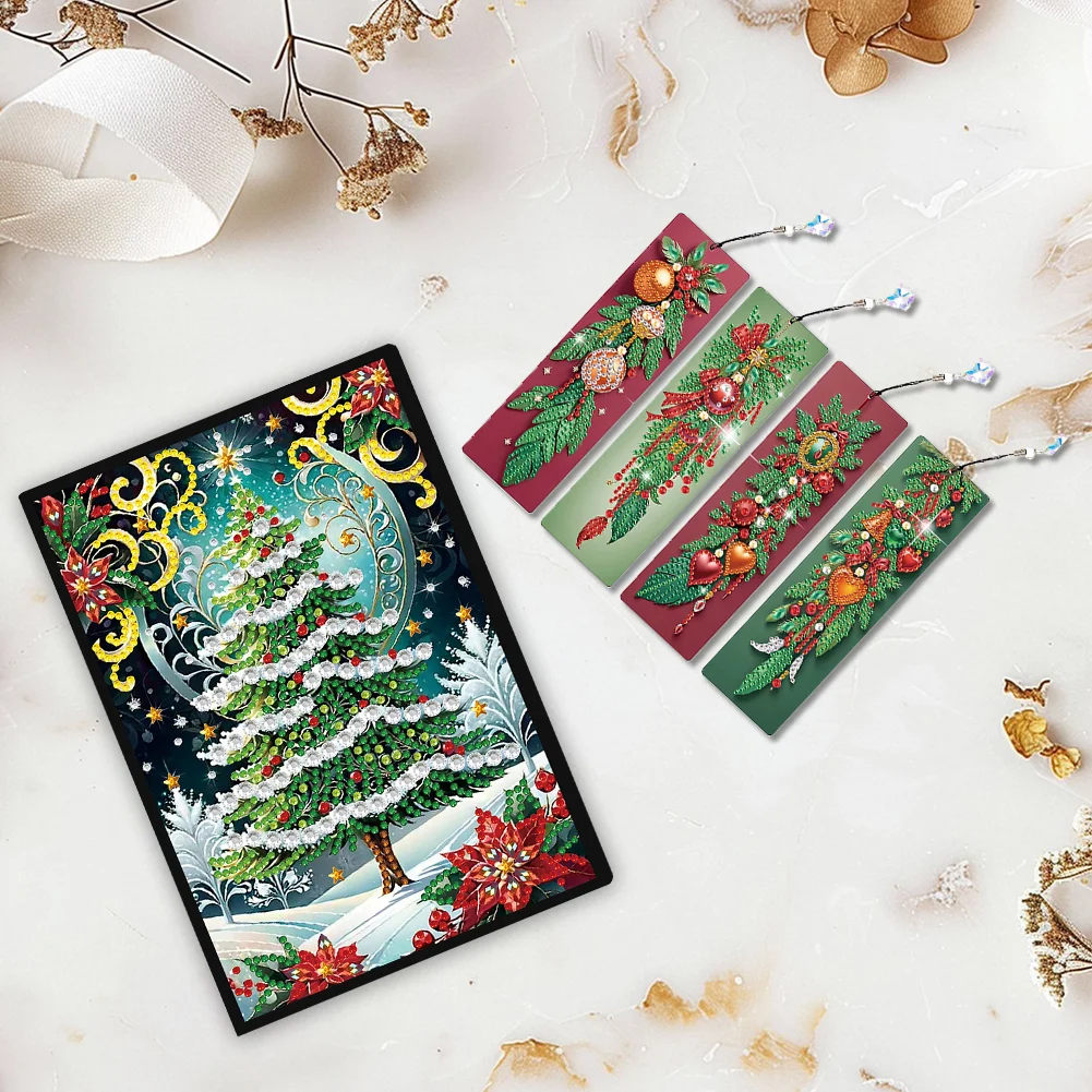 Christmas Tree A5 Size Diamond Painting Notebook Set with 4Pcs Bookmark Gift