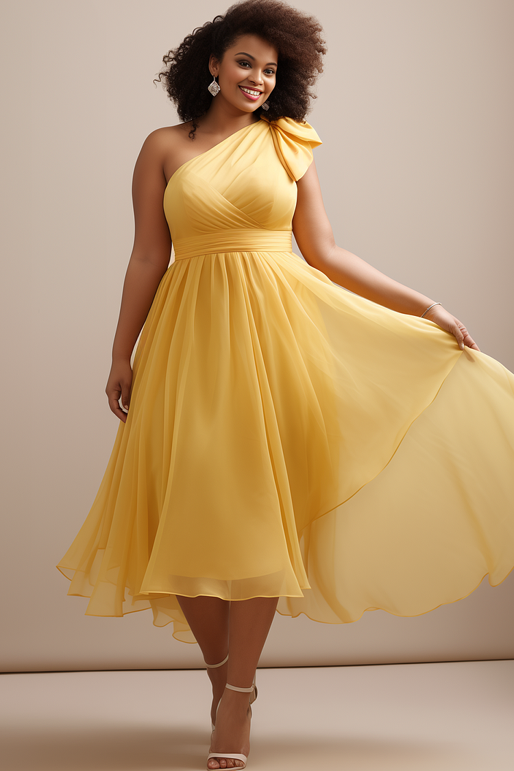 Xpluswear Design Plus Size Wedding Guest Yellow One Shoulder Chiffon Maxi Dresses [Pre-Order]