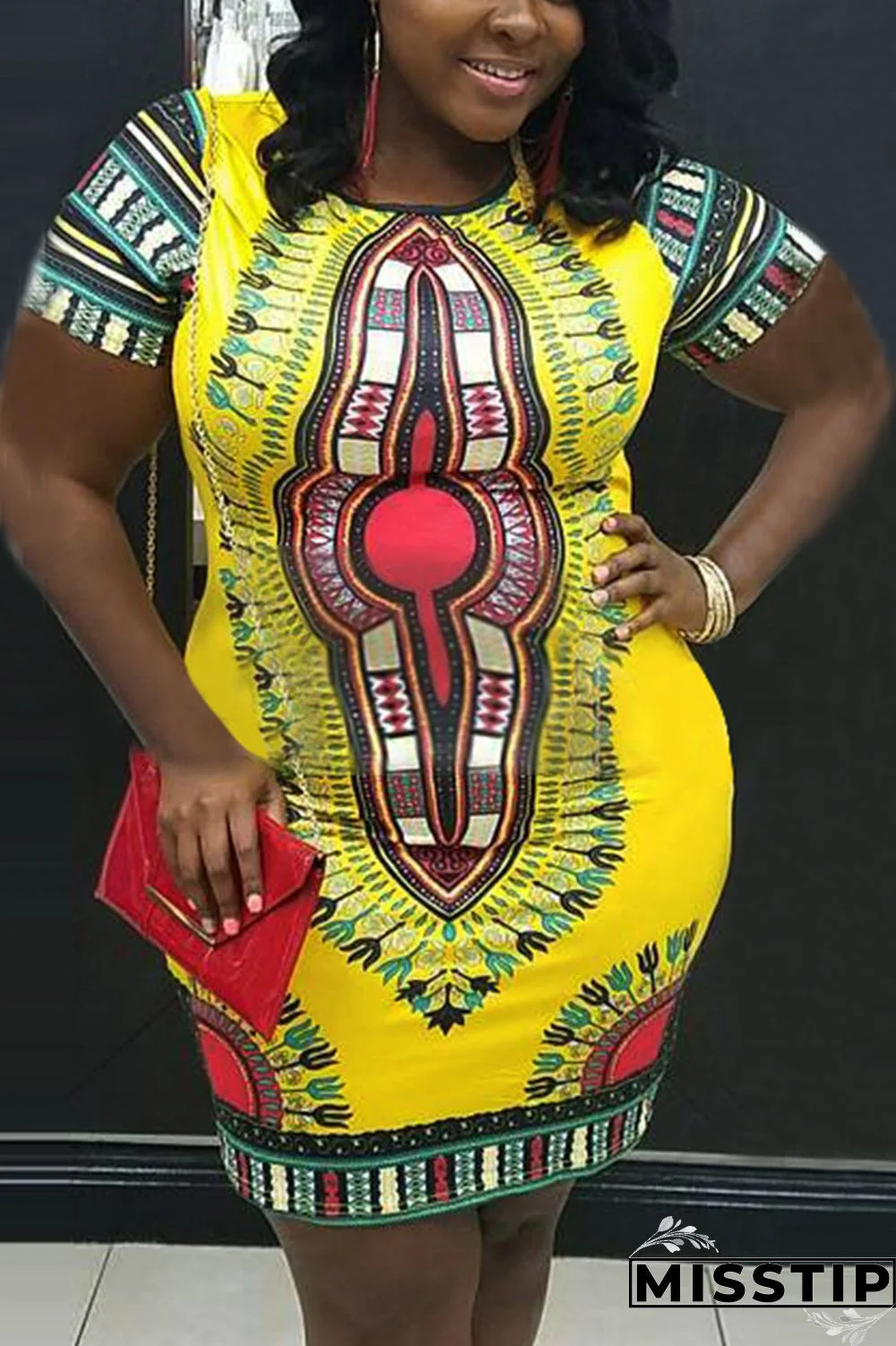 Yellow Sexy Fashion Print Loose Short Sleeve Dress