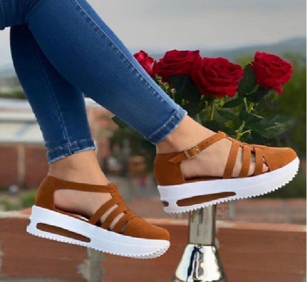 2021 Fashion Women Sandals Casual Thick Bottom Comfortable Female Mid Heels Sandals Round Toe Solid Outdoor Lady Casual Sandals