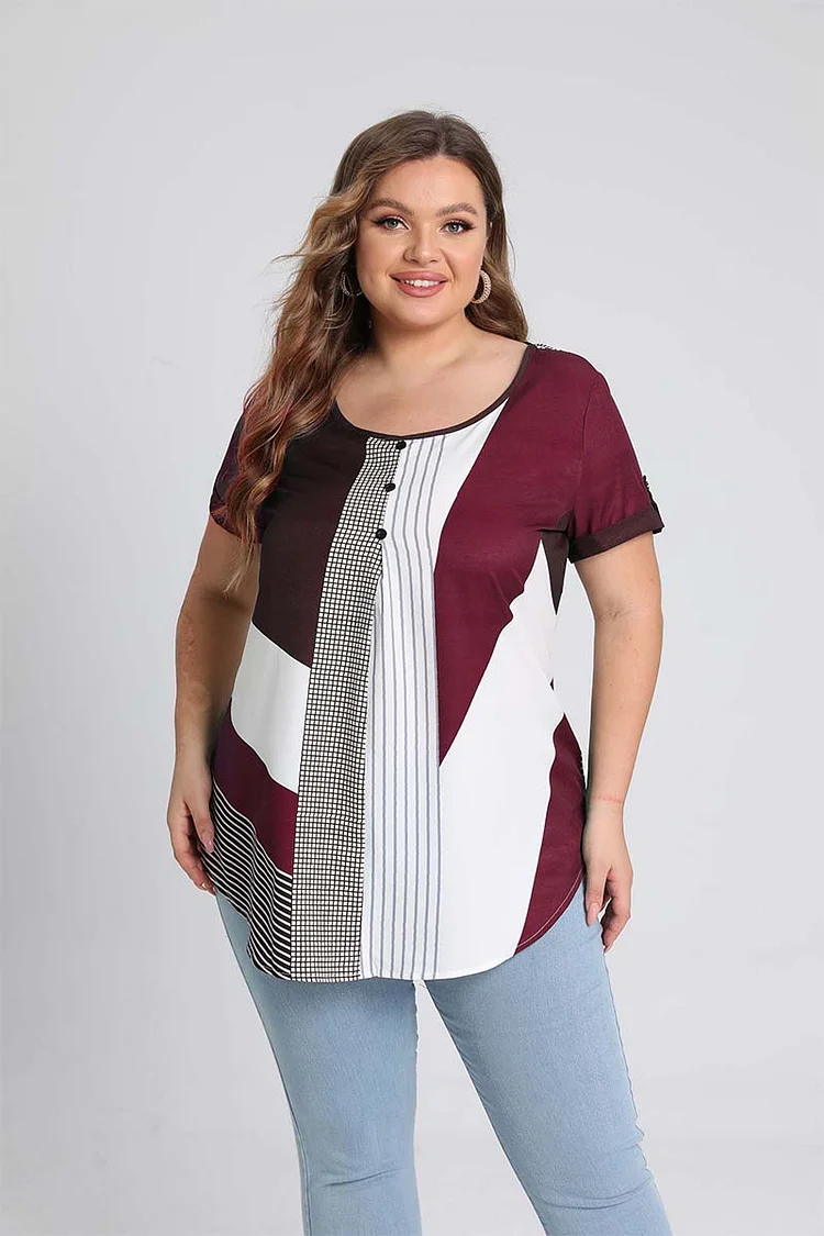 Plus Size Casual Printed Round Neck Short Sleeves T-Shirt FlyCurvy Flycurvy [product_label]
