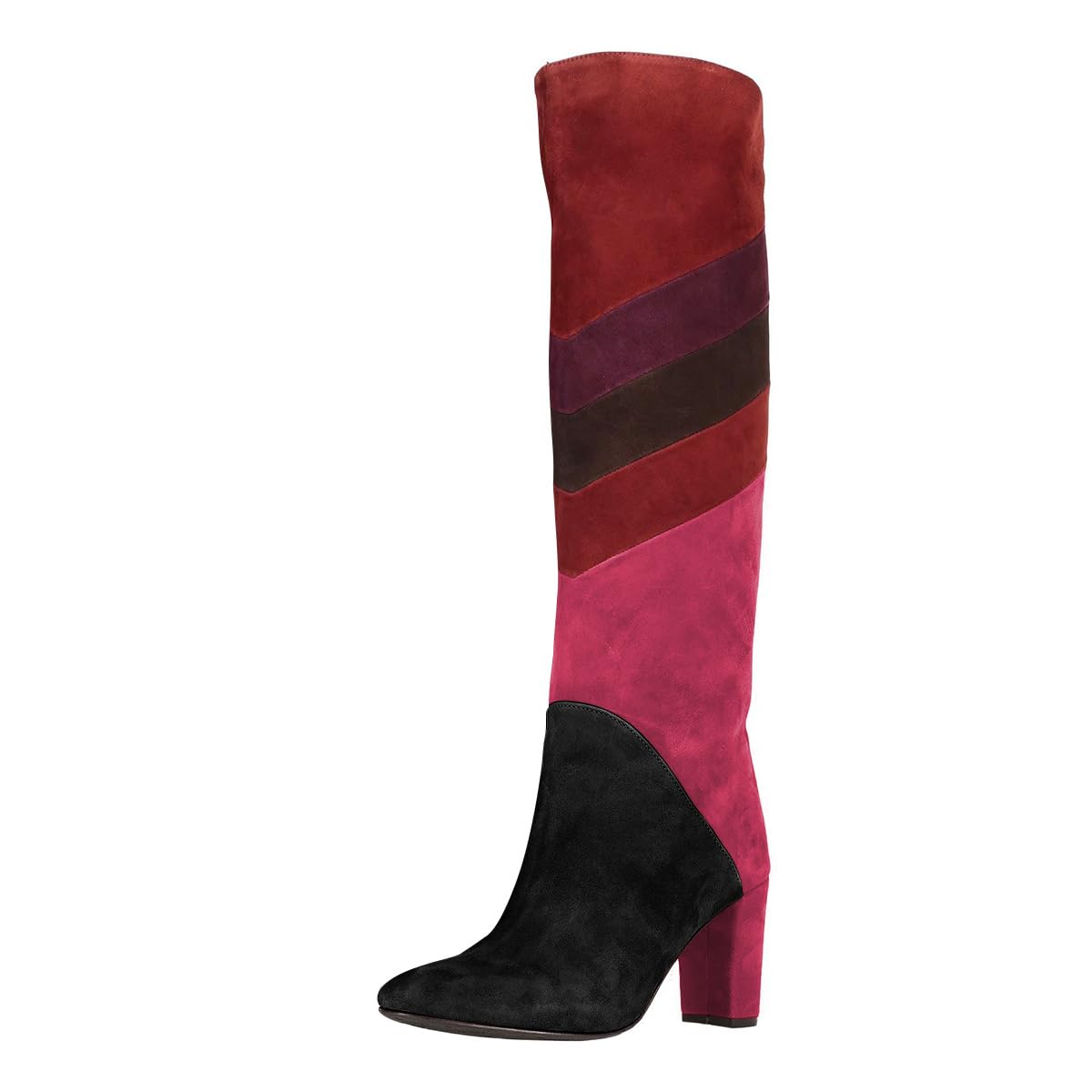 Women's Red & Black Pointed Toe Fashion Chunky Knee High Heel Boots Nicepairs