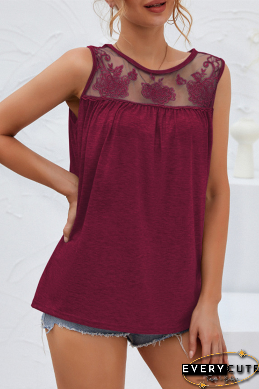 Casual Solid Lace Mesh O Neck T-Shirts(7 colors)