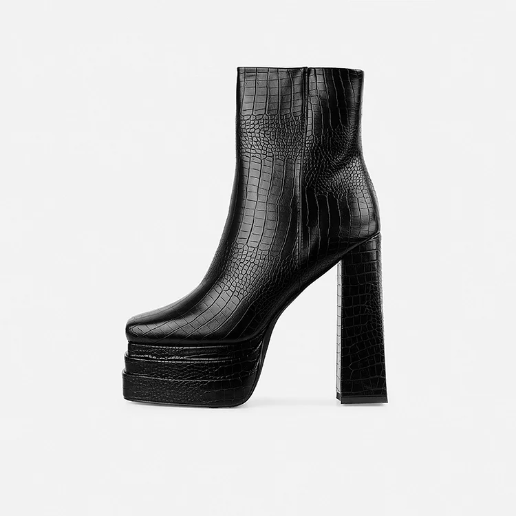 Women's Crocodile Chunky Heels Platform Vintage Square Mid Calf Boots |FSJ Shoes
