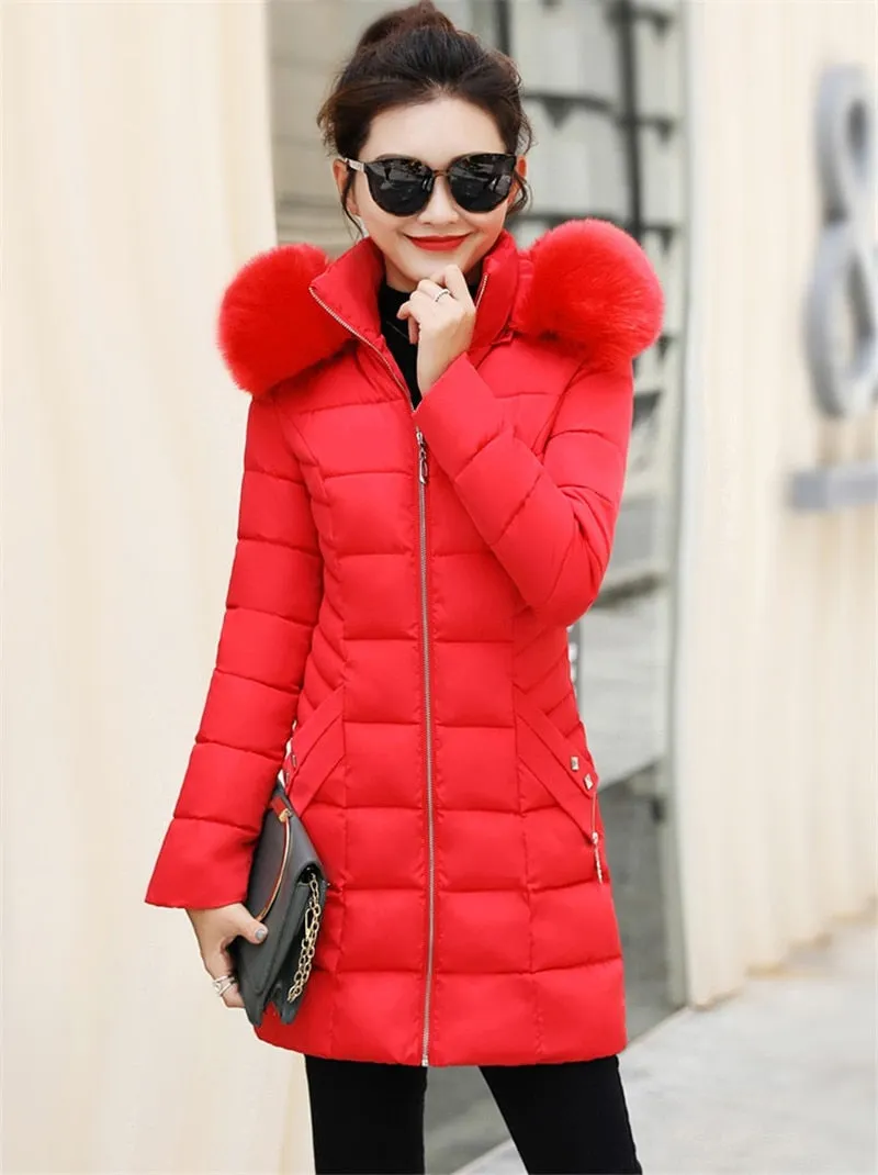 Winter Female Long Jacket Winter Coat Women Fake Fur Collar Warm Woman Parka Outerwear Down Jacket Winter Jacket Women Coat N204