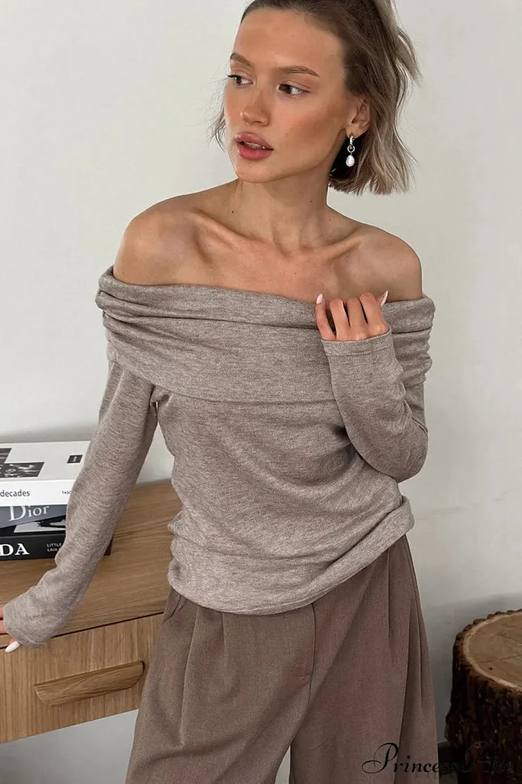 Khaki Off Shoulder Slim Knit Long Sleeve Tee