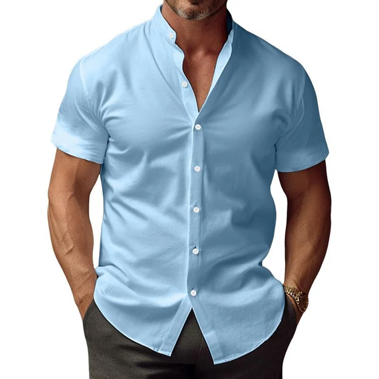 Men's Hawaiian Solid Color Stand Collar Short Sleeve Shirt