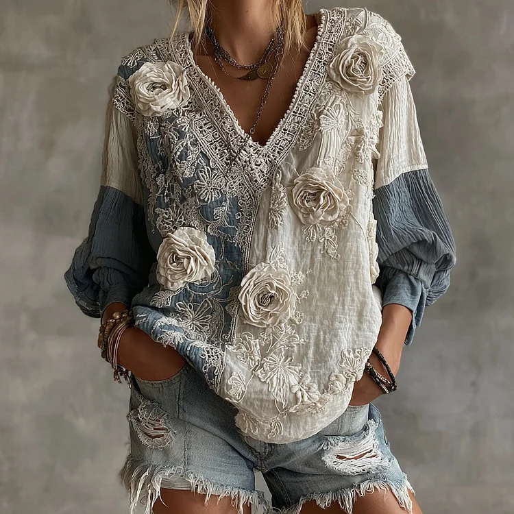 Women's Retro White Rose Contrast Casual V-neck Shirt