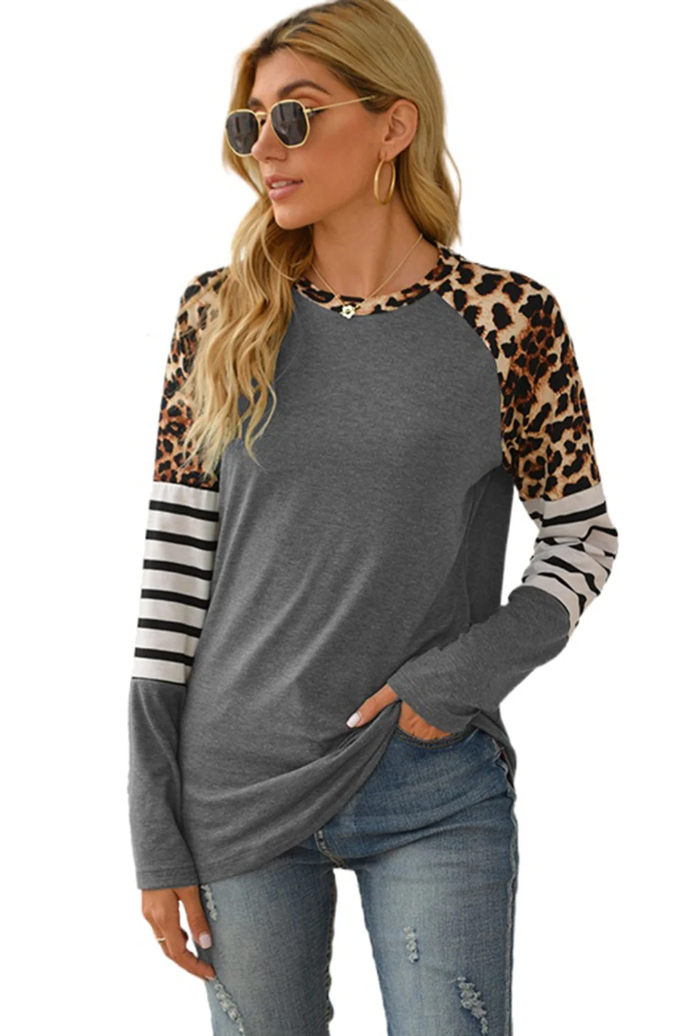 Gray Leopard Striped Long Sleeve Top