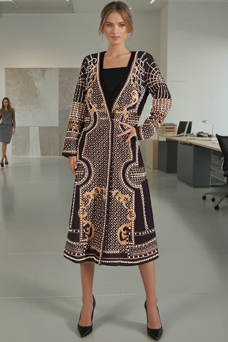 Retro Print Beaded Deep V Neck Coat-Gold
