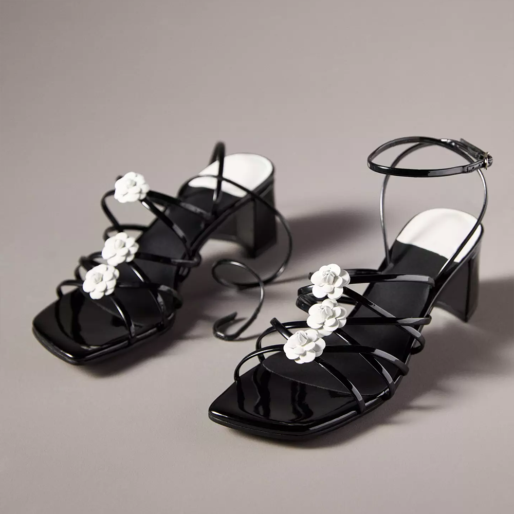Black Patent Leather Square Toe Chunky Heel Floral Decor Sandals Nicepairs