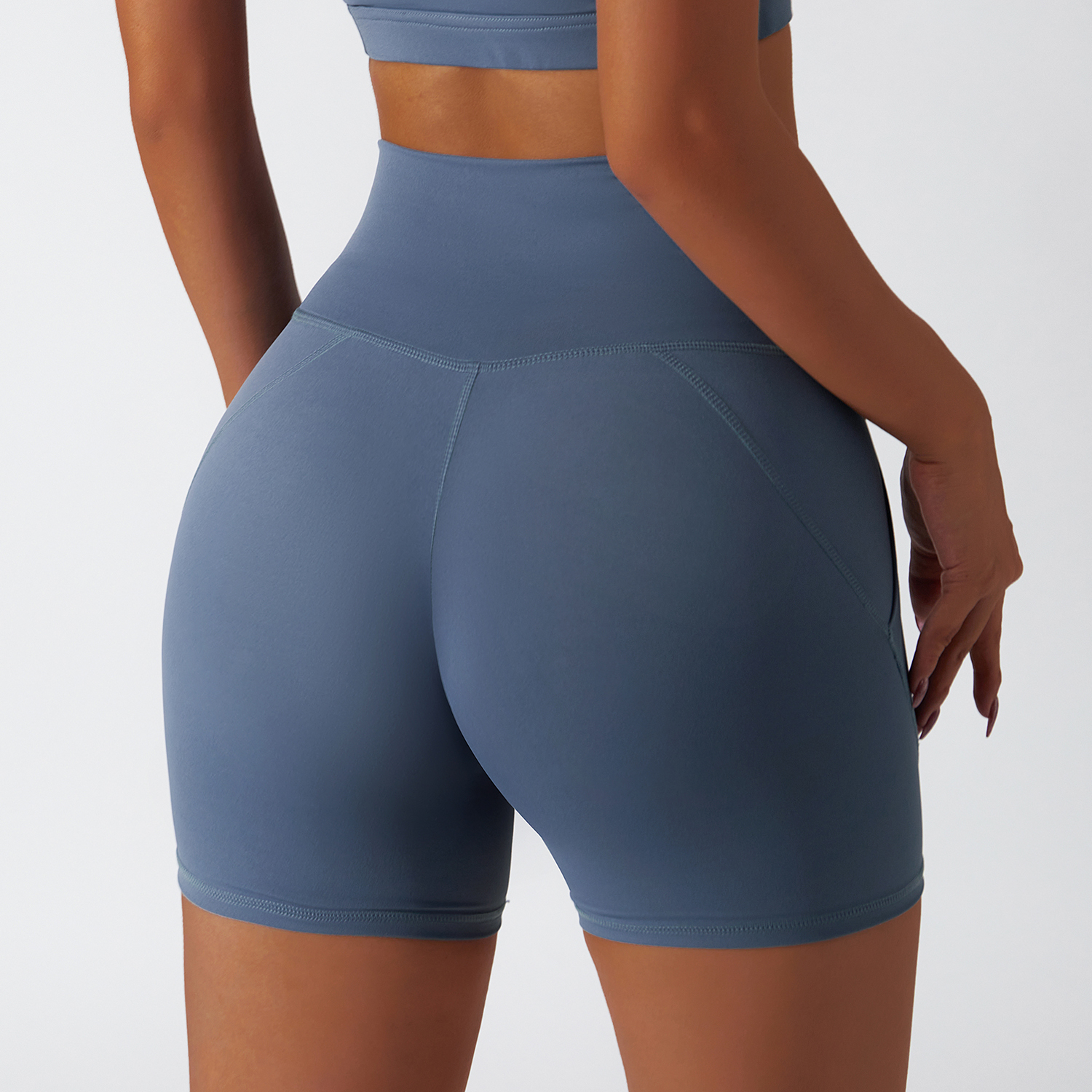 Hergymclothing Haze Blue high rise no camel toe squat proof tummy control comfort lightweight buttery soft hot yoga shorts womens for sale